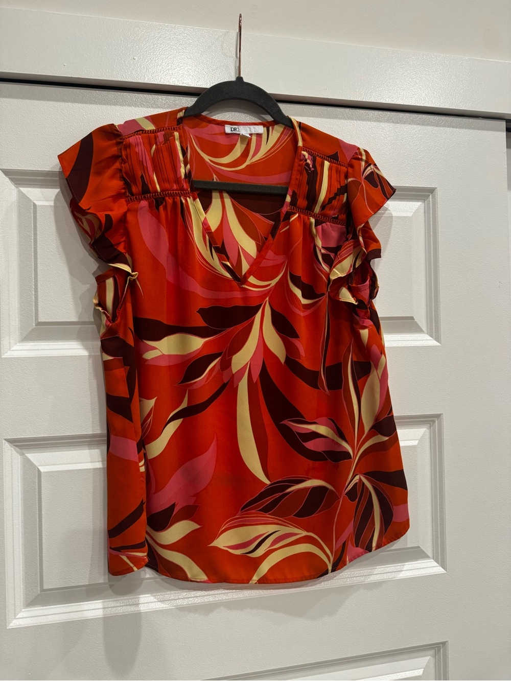 Bright Red Floral Print Cap-Sleeve Blouse - Brand: DKNY